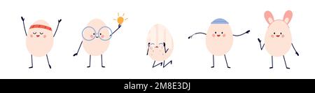 Carino uova carattere. divertente eggheads emoji per pasqua o uovo giorno del mondo. Illustrazione vettoriale del cartone animato per bambini isolata su sfondo bianco Illustrazione Vettoriale