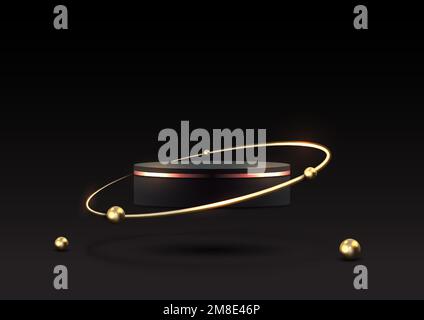 3D piattaforma da podio nera elegante e realistica che galleggiano nella decorazione aerea con anelli dorati e sfere d'oro su sfondo scuro stile di lusso. PROD Illustrazione Vettoriale