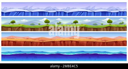 Set di cartoni animati di campi da gioco con texture di ghiaccio senza cuciture, acque profonde del mare, deserto vuoto, verde paesaggio naturale con montagne, alberi, erba e blu s Illustrazione Vettoriale