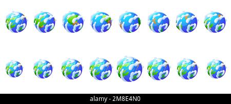 Rotazione del globo terrestre. Icone del mondo, del pianeta da viste diverse. Pianeta verde e blu con nuvole bianche giraround set isolato su sfondo, Vect Illustrazione Vettoriale