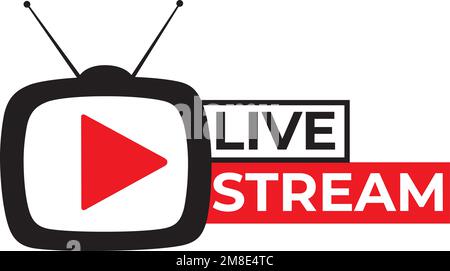 Illustrazione vettoriale di un'icona di streaming live con un pulsante rosso di riproduzione su sfondo bianco Illustrazione Vettoriale