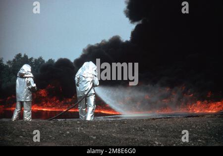 I vigili del fuoco che indossano tute di prossimità combattono un incendio durante un allenamento. Base: Seneca Army Depot, Romulus Stato: New York (NY) Paese: Stati Uniti d'America (USA) Foto Stock