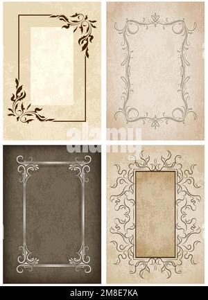 Set di quattro cornici vintage con sfondo antico, collezione di cornici antiche vettoriali. Illustrazione Vettoriale