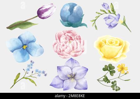 Acquerello fiore fiori vettore clipart set Illustrazione Vettoriale