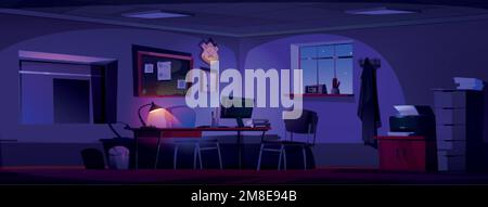 Interno del dipartimento di polizia di notte. Stanza buia vuota nella stazione di polizia con scrivania con computer e lampada, finestra per la stanza di interrogazione e nero Illustrazione Vettoriale
