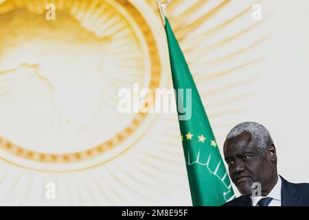 Addis Abeba, Etiopia . 13th Jan, 2023. Moussa Faki Mahamat, presidente della Commissione dell'Unione Africana (UA), nella foto della sede dell'Unione Africana ad Addis Abeba, 13 gennaio 2023. Credit: dpa Picture Alliance/Alamy Live News Foto Stock