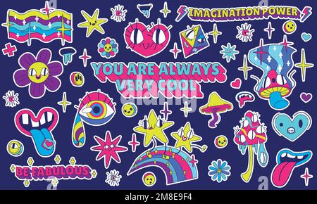 Confezione da Y2K adesivi, rave retro patch bandiera lgbt, arcobaleno, stella, fiore e cuore. Funghi psichedelici, bocca con francobollo sulla lingua, occhio piangente con t Illustrazione Vettoriale