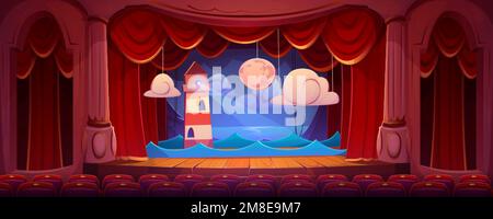 Interni vintage con palco, posti a sedere auditorium, tende rosse, colonne e decorazione del paesaggio notturno con mare, faro e luna sul retro Illustrazione Vettoriale