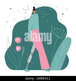 Le donne hanno disabilità e gamba bionica, piede di titanio, impianto o protesi. L'illustrazione del vettore può essere usata per la giornata mondiale della disabilità. Illustrazione Vettoriale