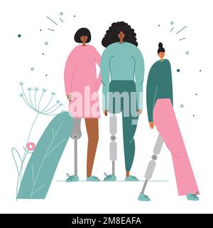 Le donne sportive anomalia alla nascita, ha gamba bionica, piede di titanio, impianto o protesi. Illustrazione vettoriale con frase sì, posso. Illustrazione Vettoriale