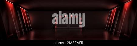 Sala scura con porta in metallo chiusa e illuminazione a lampada al neon rosso. Rappresentazione vettoriale realistica di laboratorio segreto, veicolo spaziale alieno, bomba riparo dentro Illustrazione Vettoriale