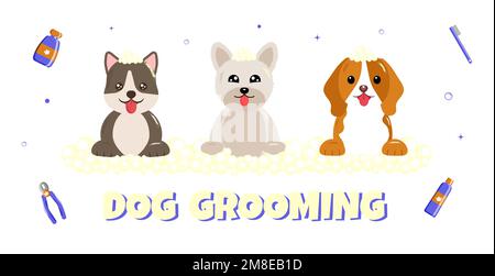 Banner gruppo di carino cane e amico con bolla in stile piatto vettore. illustrazione per la cura degli animali domestici per contenuto, etichetta, banner, grafica e biglietto d'auguri. Illustrazione vettoriale Illustrazione Vettoriale