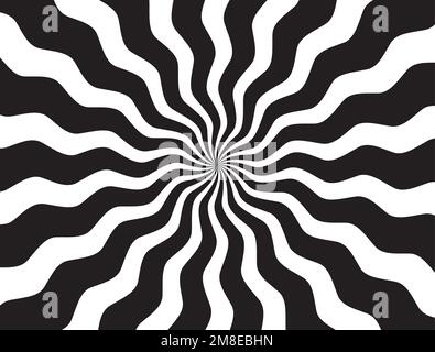 Sfondo dei raggi d'onda ipnotici a spirale in bianco e nero. Design psichedelico sunburst retrò. Illustrazione Vettoriale