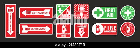 Set di adesivi vettoriali per estintori di pronto soccorso. Diverse etichette di segnalazione di pronto soccorso per estintori isolate su sfondo nero. Illustrazione Vettoriale