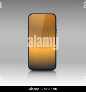 Un layout per smartphone con una schermata con sfumature dorate. Telefono cellulare 3D realistico con ombre e riflessi su sfondo grigio. Illustrazione Vettoriale