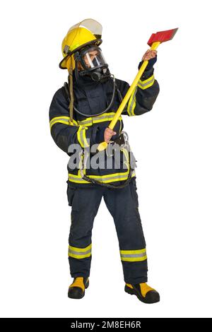 Pompiere in uniforme con ascia Foto Stock