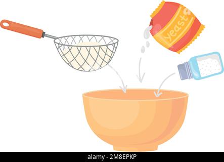 Preparazione dell'impasto. Mescolare gli ingredienti nel recipiente. Icona ricetta cartone animato isolata su sfondo bianco Illustrazione Vettoriale