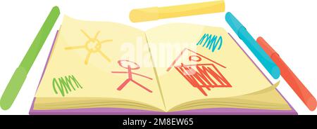 Apri il blocco note con disegno infantile e l'icona dei cartoni animati a colori isolati su sfondo bianco Illustrazione Vettoriale