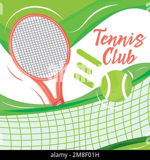 Poster colorato da tennis con racchetta in rete e palla da tennis Vector Illustrazione Vettoriale