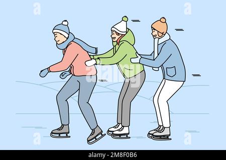 Ragazza, ragazzi in abiti caldi stanno pattinando tenendo l'un l'altro. I giovani skater si divertono sulla pista di pattinaggio. Giochi invernali. Sport, stile di vita sano. Illustrazione multicolore della linea vettoriale isolata in blu. Illustrazione Vettoriale