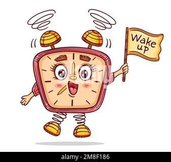 Graziosa sveglia con suoneria, icona dell'ora di sveglia mattutina. Guarda il personaggio del timer che si sveglia dalla notte di sonno. Allarme acustico forte. Quadrante orologio. Vettore Illustrazione Vettoriale