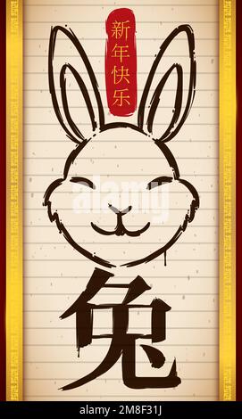 Scorrimento verticale con coniglietto felice e saluto per un felice anno nuovo cinese del coniglio (scritto in calligrafia cinese). Illustrazione Vettoriale