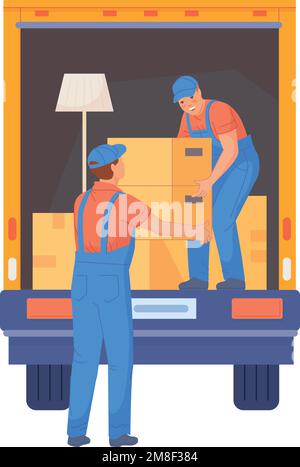 Servizio di movimentazione della casa. Lavoratori che trasportano scatole al camion isolato su sfondo bianco Illustrazione Vettoriale