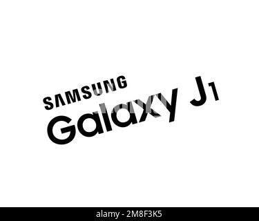 Samsung Galaxy J1, logo ruotato, sfondo bianco Foto Stock