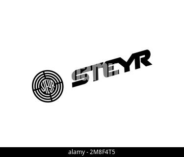 Steyr Daimler Puch, logo ruotato, sfondo bianco Foto Stock