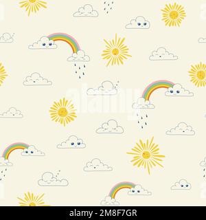Pattern vettoriale senza cuciture con carino arcobaleno, nube di kawaii e sole. Illustrazione vettoriale Illustrazione Vettoriale