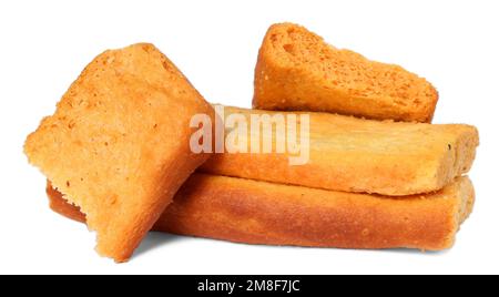 Disporre un biscotto tostato su entrambi i lati di due biscotti interi su sfondo bianco Foto Stock