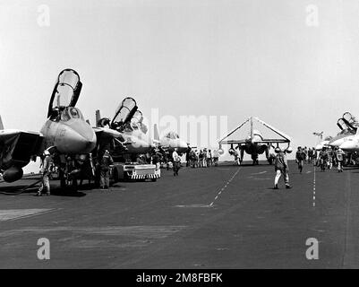 Gli equipaggi di manutenzione preparano i loro aeromobili per operazioni di volo a bordo della portaerei nucleare USS THEODORE ROOSEVELT (CVN-71). Il velivolo comprende tre F-14A Tomcats, a sinistra, e un KA-6D Intruder, al centro. Il ROOSEVELT è in stazione nel Mediterraneo orientale a sostegno dell'operazione fornire Comfort, uno sforzo multinazionale per aiutare i rifugiati curdi nel sud della Turchia e nel nord dell'Iraq. Soggetto operativo/Serie: FORNIRE COMFORT Paese: Mar Mediterraneo (MED) Foto Stock