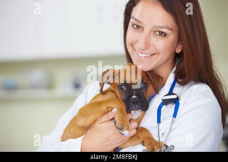 Amo i miei pazienti. Ritratto di un veterinario amichevole donna che tiene un cucciolo. Foto Stock