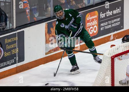 13 gennaio 2023: Il difensore di Mercyhurst Lakers Owen Norton (8) fa un passo nel primo periodo contro le Tigri RIT. Il Rochester Institute of Technology Tigers ha ospitato i Mercyhurst University Lakers in una conferenza atlantica della NCAA Division 1 al gene Polisseni Center di Rochester, New York. (Jonathan Tenca/CSM) credito: CAL Sport Media/Alamy Live News Foto Stock