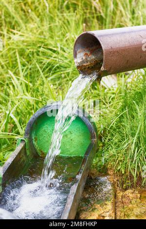 Sorgente di villaggio con acqua sotterranea potabile naturale pulita da un tubo di ferro Foto Stock