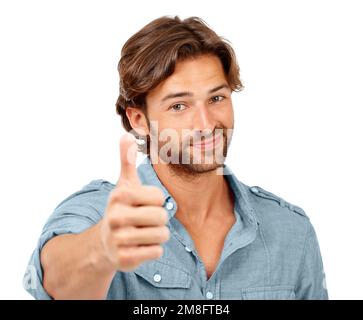 Ritratto, uomo e pollici con successo e mano segno, sì e grazie con feedback su sfondo bianco. Buon uomo d'accordo, OK con Foto Stock