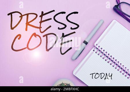 Didascalia di testo che presenta il codice di abbigliamento. Approccio aziendale un modo accettato di vestirsi per una particolare occasione o gruppo Foto Stock