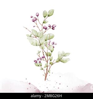 bouquet acquerello di rametti di frutti di bosco su fondo macchia di spruzzi. Elementi adatti per feste decorative di Natale, inverno, inviti di Capodanno, Illustrazione Vettoriale
