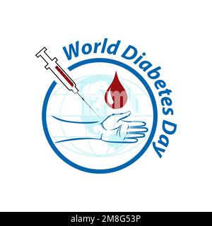 World diabetes day awareness poster sangue gocciolamento simbolo con anello blu cornice logo design.EPS 10 Illustrazione Vettoriale