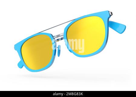Senza sunglasess realistico con lente sfumata e cornice in plastica blu su bianco Foto Stock