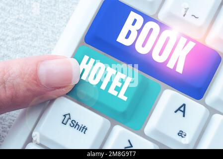 Didascalia di testo Presentazione del Book Hotel. Approccio aziendale un accordo che si fa per avere una camera d'albergo o un alloggio Foto Stock