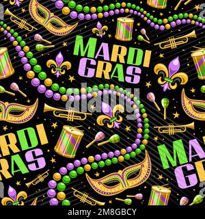 Vector Mardi Gras motivo senza cuciture, sfondo ripetuto con illustrazioni del simbolo del fleur de lys, maschera di venezia, perle colorate, strumenti musicali, testo Illustrazione Vettoriale