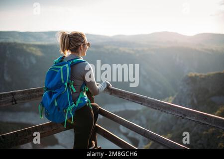 Giovane donna escursionista al punto di osservazione del canyon Foto Stock