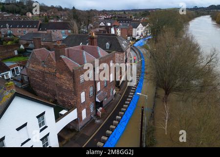 Bewdley, Worcestershire, Regno Unito. 14 gennaio 2023 - i lavoratori dell'Agenzia dell'ambiente hanno trattenuto il fiato mentre il fiume Severn continua a innalzarsi di fronte alle barriere di difesa contro le inondazioni a Beales Corner, che attualmente bloccano i torrenti d'acqua che attualmente misurano 4,6 m di altezza, con i picchi attesi all'inizio ore di domenica mattina. Un avvertimento meteorologico giallo per forti piogge è stato anche annunciato per l'Inghilterra occidentale, influenzando ulteriormente l'innalzamento del livello del fiume. Credito: Interrompi stampa Media/Alamy Live News Foto Stock