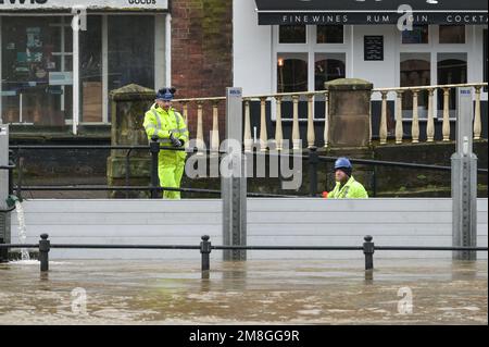 Bewdley, Worcestershire, Regno Unito. 14 gennaio 2023 - i lavoratori dell'Agenzia dell'ambiente hanno trattenuto il fiato mentre il fiume Severn continua a innalzarsi di fronte alle barriere di difesa contro le inondazioni a Beales Corner, che attualmente bloccano i torrenti d'acqua che attualmente misurano 4,6 m di altezza, con i picchi attesi all'inizio ore di domenica mattina. Un avvertimento meteorologico giallo per forti piogge è stato anche annunciato per l'Inghilterra occidentale, influenzando ulteriormente l'innalzamento del livello del fiume. Credito: Interrompi stampa Media/Alamy Live News Foto Stock