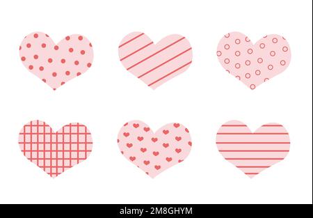 Elementi di design per il giorno e il matrimonio o il fidanzamento di San Valentino in forma di cuori rosa retrò. Illustrazione Vettoriale