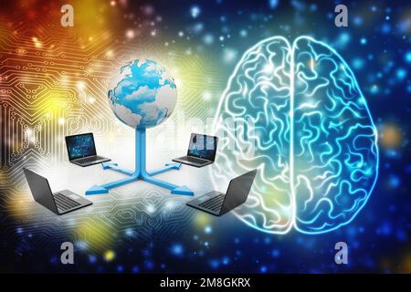 Rete di rendering 3d, rete di computer con Globe, background di comunicazione Internet, condivisione o trasferimento di file, archiviazione dei dati Foto Stock