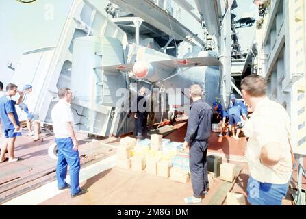 I marinai russi caricano le forniture nel ponte hangar del cacciatorpediniere missilistico guidato russo AMMIRAL VINOGRADOV (BPK-554) a seguito di una consegna di merci in elicottero durante il primo russo / Stati Uniti Navy in corso di rifornimento. Nazione: Mar Arabico Settentrionale Foto Stock