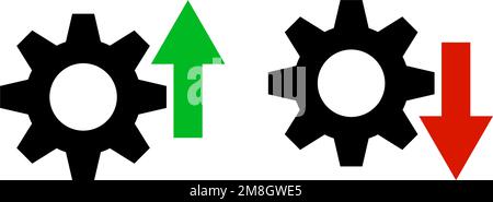 Set di icone per produttività aumentata e ridotta. Frecce e icone degli ingranaggi. Vettori modificabili. Illustrazione Vettoriale