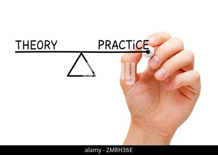 Disegno a mano Teoria e pratica Balance Scale Concept con marker isolato su sfondo bianco. Foto Stock